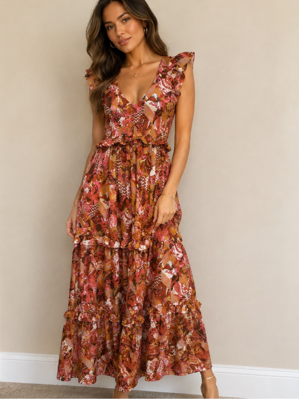 Harlow & Rose Ruffled V-Neck Maxi Dress in Rust & Pink Floral